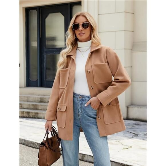 Womens Winter Elegant Pea Coat Mid Long Camel